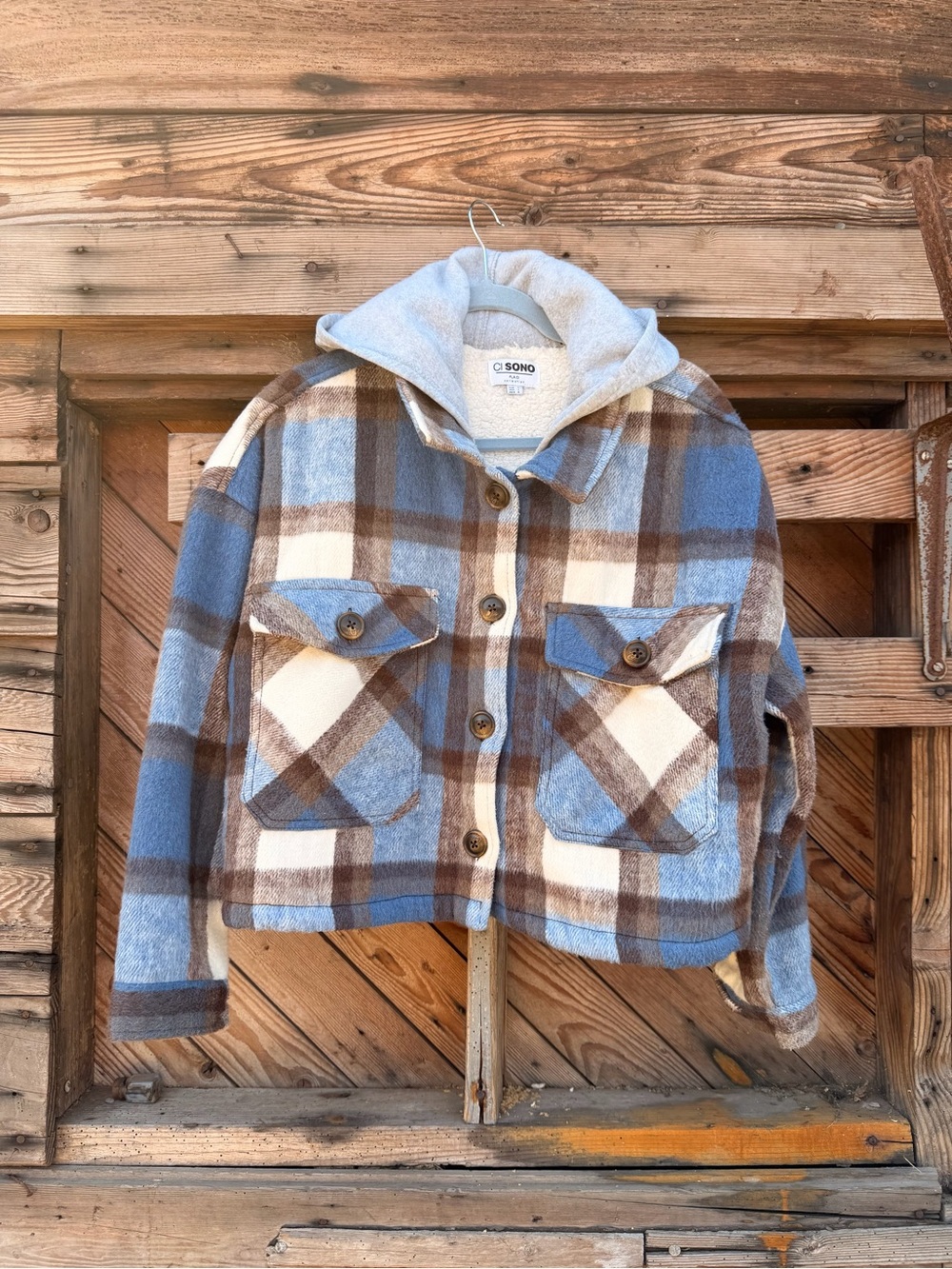NWOT Ci Sono Plaid Hooded Jean Jacket